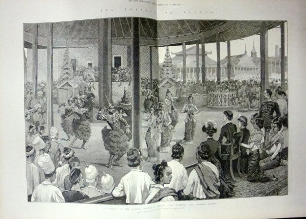 Stock ID #127613 The British in Burma. A 'Pooay' at the Palace, Mandalay, Before Lady Dufferin and Burmese Ladies. ANTIQUE PRINT WOOD ENGRAVING.