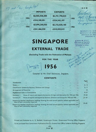 Stock ID #131112 Singapore External Trade (Excluding Trade with the Federation of Malaya) for the Year 1956. SINGAPORE - TRADE.