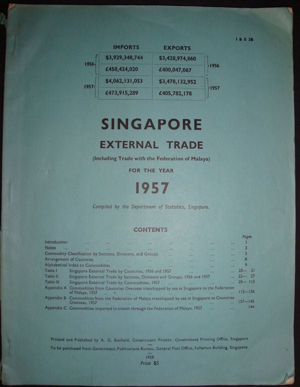 Stock ID #131113 Singapore External Trade (Excluding Trade with the Federation of Malaya) for the Year 1957. SINGAPORE - TRADE.