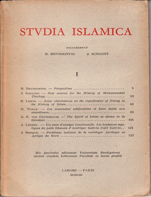 Stock ID #148222 Studia Islamica. Vol I. G. AND J. SCHACHT BRUNSCHVIG.