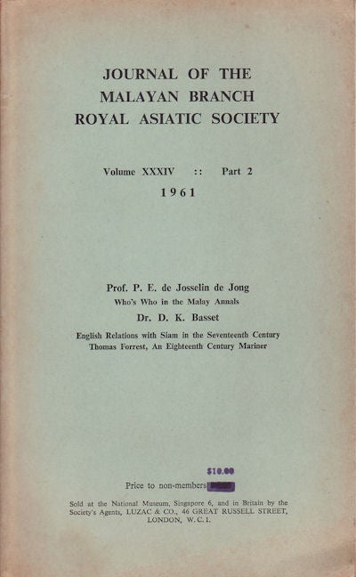 Stock ID #158900 Journal Of The Malayan Branch Of The Royal Asiatic Society. Volume XXXIV: Part 2. 1961.
