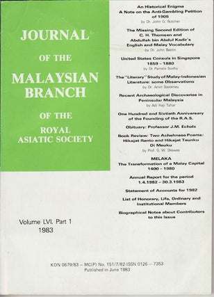 Stock ID #160401 Journal of the Malaysian Branch, Royal Asiatic Society. Volume LVI, Part 1, 1983...