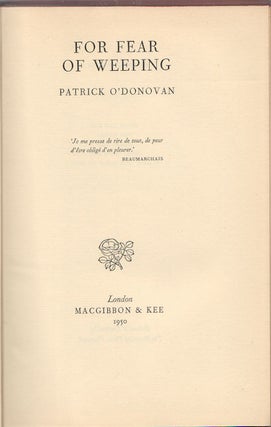 Stock ID #165086 For Fear of Weeping. PATRICK O'DONOVAN