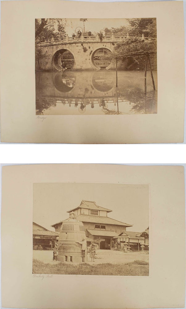 Stock ID #170596 Daibutz Bell [Daibutsu Bell] AND Bridge [Spectacle Bridge or Megarebashi, Kyoto]. TWO BLACK AND WHITE JAPANESE ALBUMEN PHOTOGRAPHS.