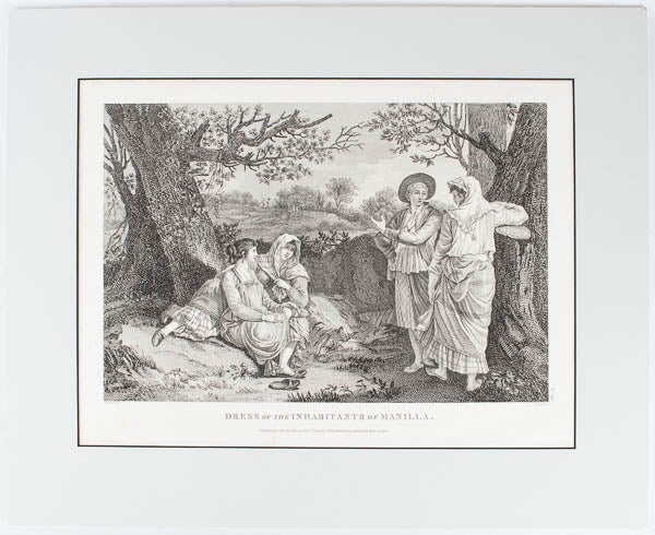 Stock ID #170802 An Original Antique Copper Engraving: Dress of the Inhabitants of Manilla, from plate 42 of the Atlas of the Voyage of Laperouse. 'HEATH'.