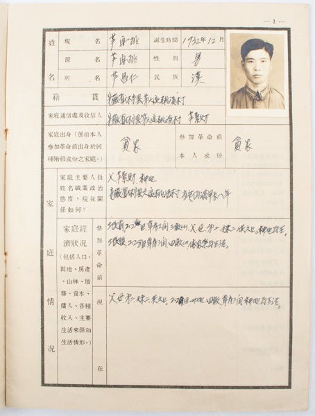 Stock ID #171561 預備役軍官履曆表 (草稿表). [Yu bei yi jun guan lü li biao (cao gao biao}]. [Curriculum Vitae of Chinese Reserve Force Officer (Draft Form)]. GENERAL CADRE DEPARTMENT OF PEOPLE'S LIBERATION OF ARMY, 中國人民解放軍總幹部部.