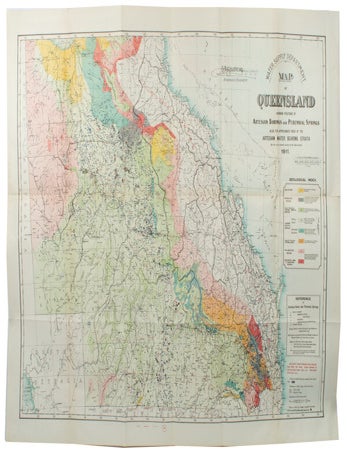 Stock ID #173970 Map of Queensland showing positions of Artesian Borings and Perennial Springs also the approximate area of the Artesian Water Bearing Strata...1911. QUEENSLAND - 1912 COLOUR MAP.