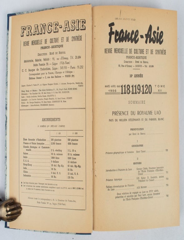 Stock ID #174101 France - Asie Revue Mensuelle de culture et de synth&egrave;se. Sommaire Presence du Royaume Lao, pays du Million Elephants et du Parasol Blanc. France-Asie. Revue Mensuelle de Culture et de Synthese Franco-Asiatique. RENE DE BERVAL.