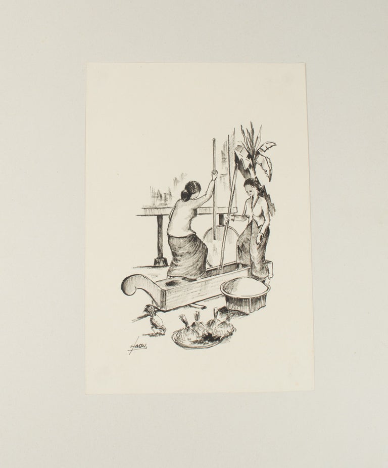 Stock ID #174308 Print of Indonesian women pounding rice. HASAN.