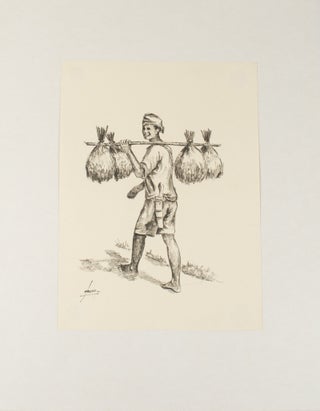 Stock ID #174310 Print of an Indonesian man with shoulder pole carrying rice sheaves. HASAN