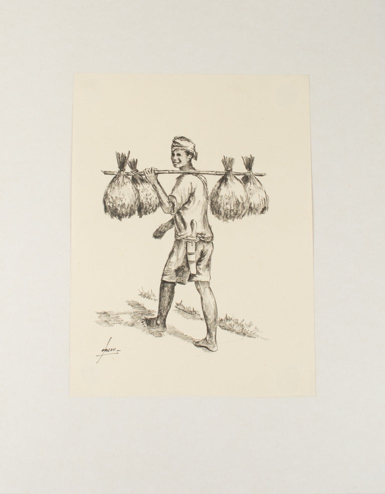 Stock ID #174310 Print of an Indonesian man with shoulder pole carrying rice sheaves. HASAN.