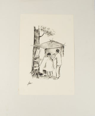 Stock ID #174311 Indonesian print of an outdoor barber at work. HASAN