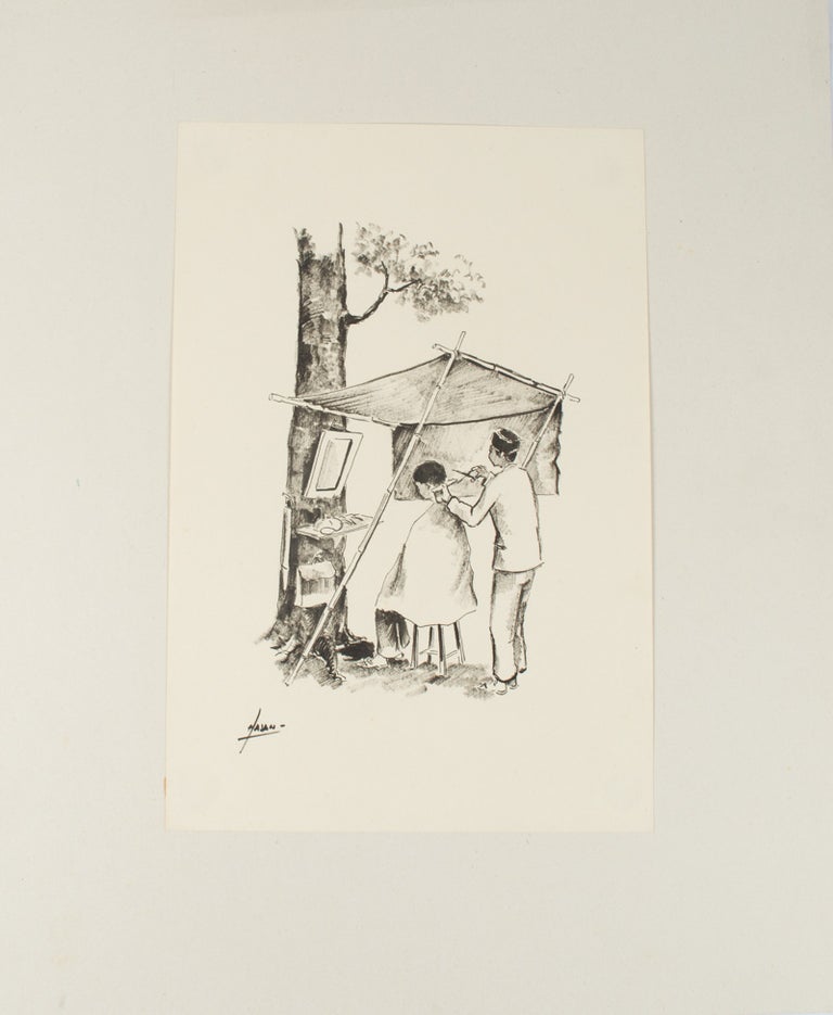 Stock ID #174311 Indonesian print of an outdoor barber at work. HASAN.