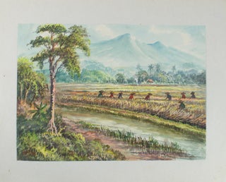 Stock ID #174313 Balinese Watercolour of a Rice Paddy with Mt Agung in the Distance. "AHYAR"