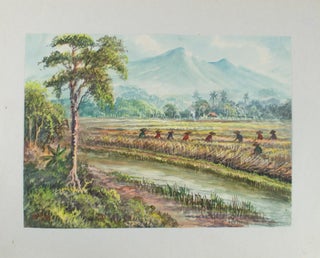 Stock ID #174313 Rice Paddy with Mt Agung in the Distance. BALINESE WATERCOLOUR, "AHYAR"