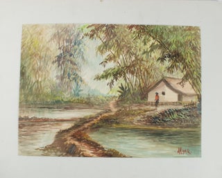 Stock ID #174314 Dwelling with Flooded Rice Paddies. BALINESE WATERCOLOUR, "AHYAR"