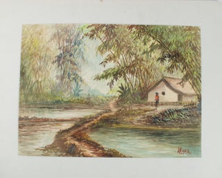 Stock ID #174314 Balinese Watercolour - Dwelling with Flooded Rice Paddies. "AHYAR"