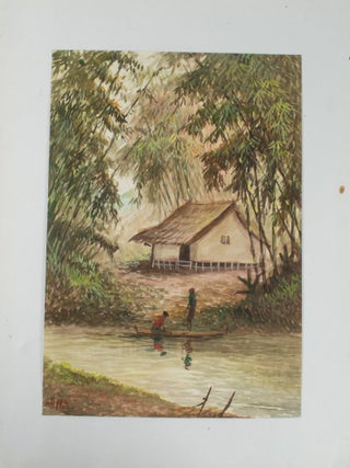 River Scene with a Dwelling and a Pair of Figures by a Boat. BALINESE WATERCOLOUR, "AHYAR".