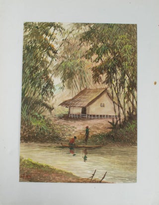 Stock ID #174315 Balinese Watercolour of a River Scene with a Dwelling and a Pair of Figures by a...
