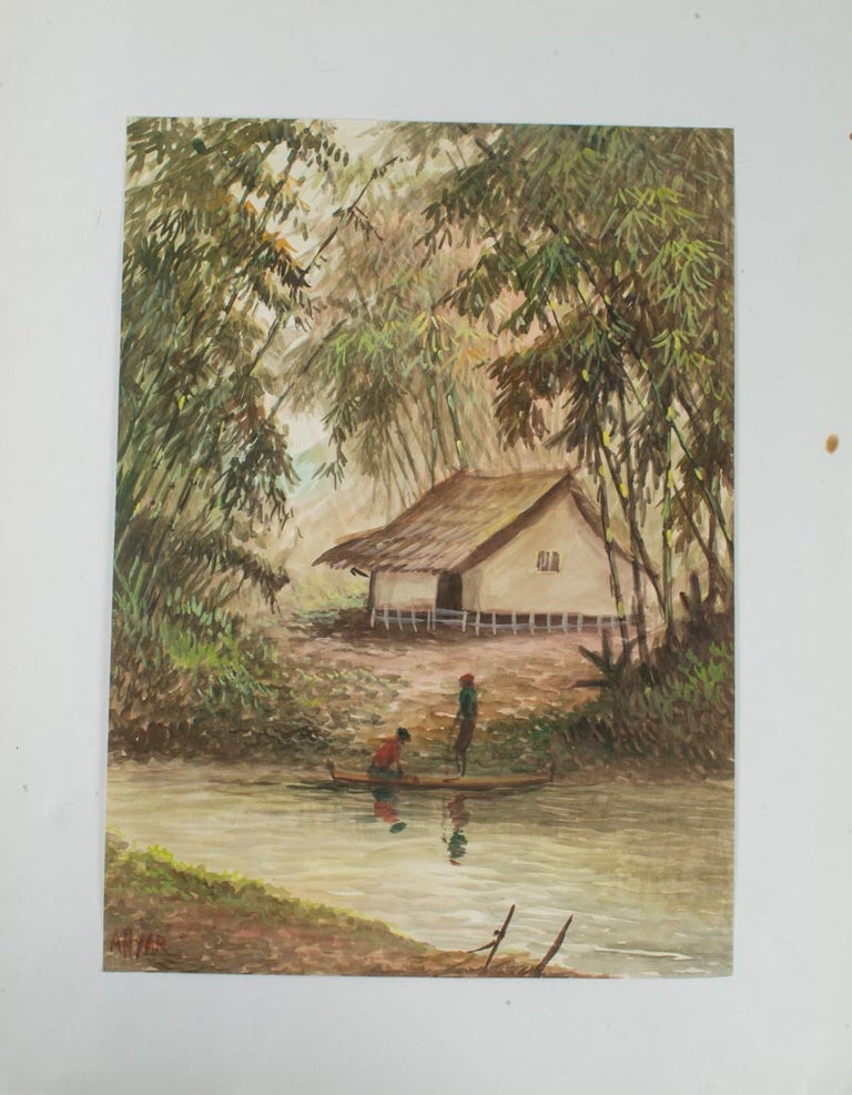 Stock ID #174315 Balinese Watercolour of a River Scene with a Dwelling and a Pair of Figures by a Boat. "AHYAR"