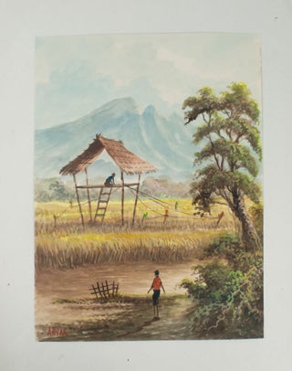 Stock ID #174317 Balinese Watercolour of a Rice Field with Mt Agung in the Distance. "AHYAR"