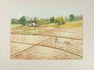Stock ID #174318 Balinese Watercolour of a Figure Ploughing a Rice Field with a Bullock Dray....