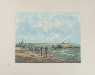 Stock ID #174320 Coastal Scene with Boats. BALINESE WATERCOLOUR, "SIDA"