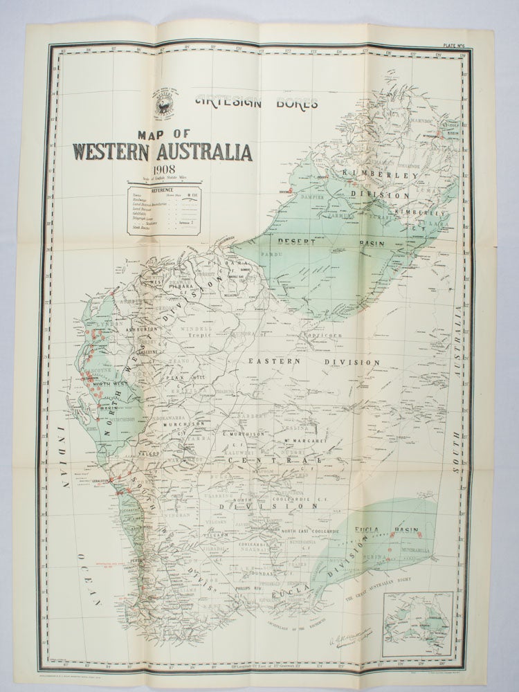 Stock ID #174550 Map of Western Australia showing Artesian Bores. EARLY 20TH CENTURY WA MAP.