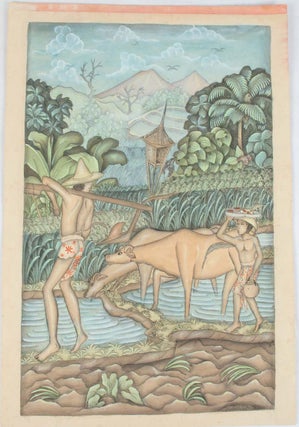 Stock ID #174553 Balinese watercolour, two male figures with water buffalo. UBUD PAINTERS., UBUD...