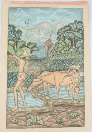Stock ID #174553 Two Male Figures with Water Buffalo. BALINESE WATERCOLOUR - UBUD PAINTERS, UBUD...
