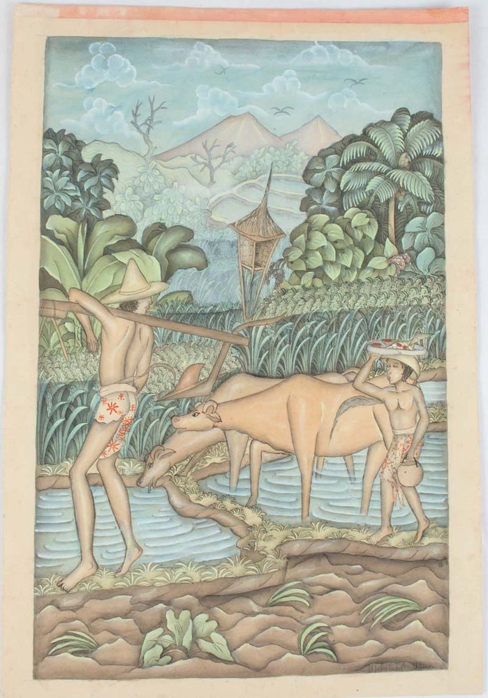 Stock ID #174553 Balinese watercolour, two male figures with water buffalo. UBUD PAINTERS., UBUD LOWER RIGHT SIGNED NI WETA.