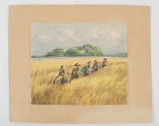 Stock ID #174681 Balinese watercolour of a workers harvesting rice. "SIDA"