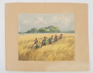 Stock ID #174681 Workers Harvesting Rice. BALINESE WATERCOLOUR, "SIDA"