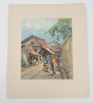 Stock ID #174682 Street Scene in Ubud. BALINESE WATERCOLOUR, "SIDA"