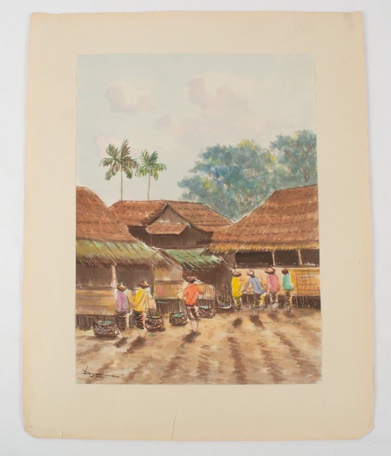 Stock ID #174683 Balinese watercolour of workers in a compound most carrying baskets on shoulder-poles,