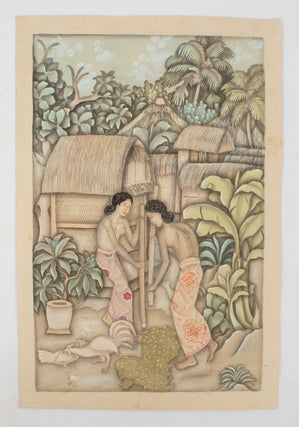 Stock ID #174684 Balinese watercolour, two female figures pounding grain. UBUD PAINTERS, LOWER...