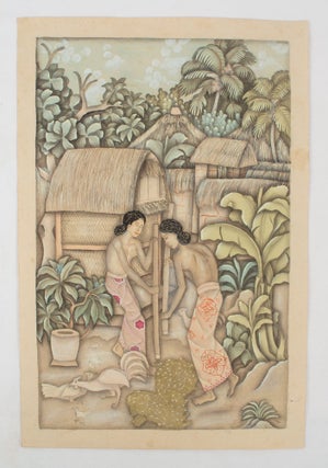 Stock ID #174684 Two Female Figures Pounding Grain. BALINESE WATERCOLOUR - UBUD PAINTERS, LOWER...