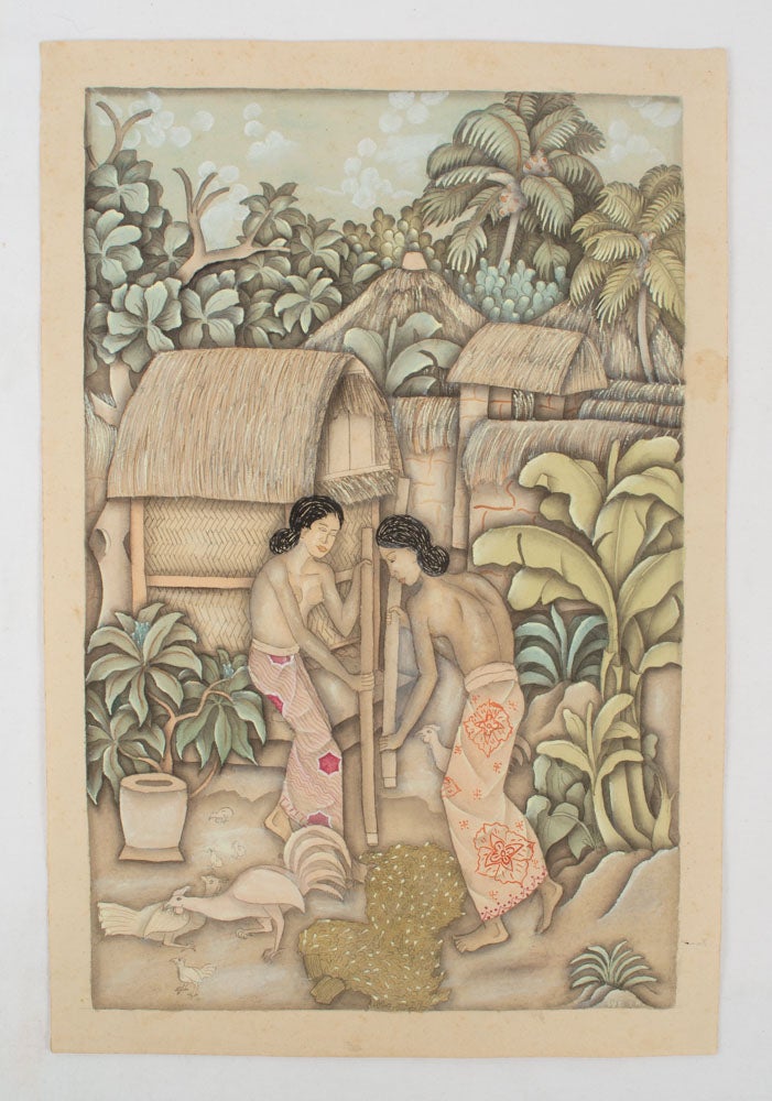 Stock ID #174684 Balinese watercolour, two female figures pounding grain. UBUD PAINTERS, LOWER RIGHT SIGNED WETA.