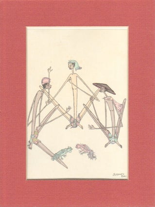 Stock ID #174688 Balinese Drawing of Three Seated Figures and a Pair of Cockerels. UBUD PAINTERS,...