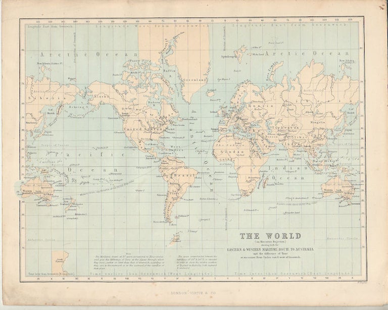 Stock ID #174897 The World (on Mercators Projection) showing both the Eastern & Western Maritime Route to Australia and the difference of Time at succesive Hour-Circles east & west of Greenwich. WILLIAM HUGHES.