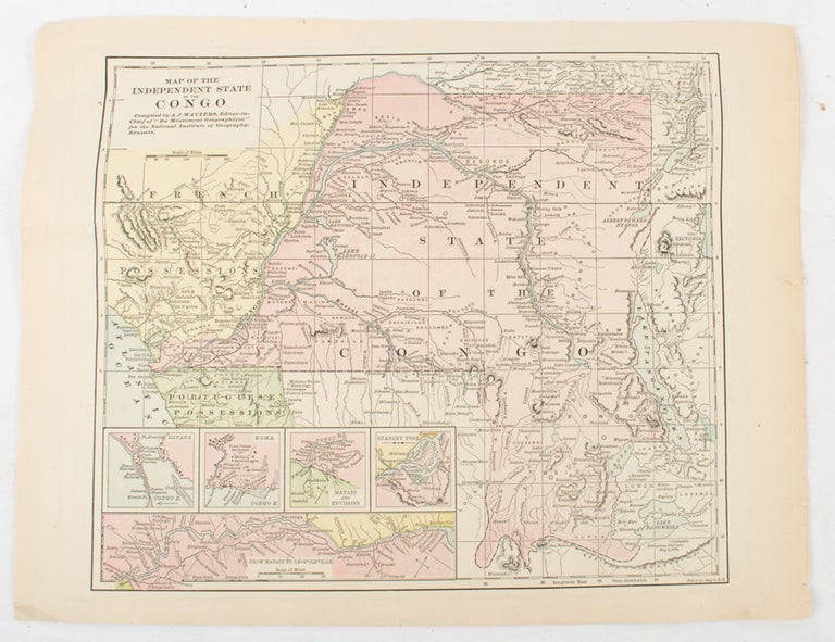 Stock ID #175715 Map of the Independent State of the Congo. A. J.. FOR THE NATIONAL INSTITUTE OF GEOGRAPHY WAUTERS, BRUSSELS., FISK, CO. ENGRAVERS.