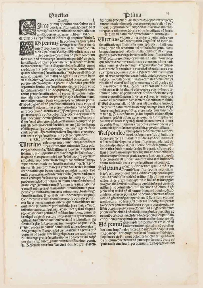 Stock ID #176078 Printed Leaf from Super Tertio [Petri Lombardi] Libro Sententiarum. THOMAS C. AQUINAS.