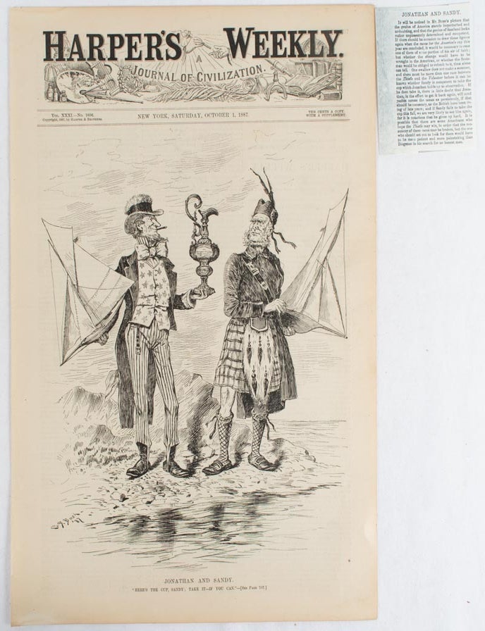 Stock ID #176405 [Satirical cartoon] Jonathan and Sandy. "Here's the Cup, Sandy; Take it--If you can". AMERICA'S CUP, CHARLES GREEN BUSH.