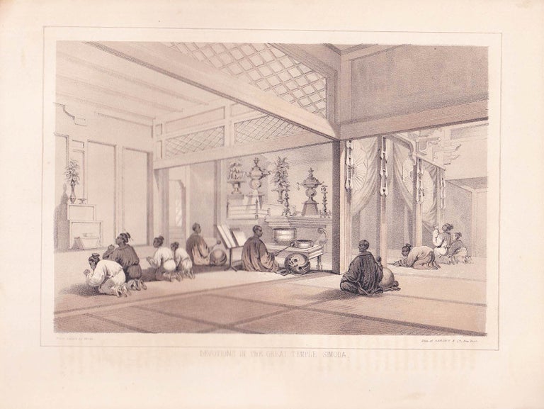 Stock ID #176649 Devotions in the Great Temple Simoda. [Caption Title]. COMMODORE MATTHEW PERRY, WILHELM AND SARONY HEINE, CO, LITHOGRAPHERS.