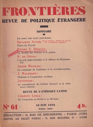 Stock ID #177365 Frontières. Revue de Politique Étrangere. [Issues 61, 67 & 71]. CHARLES LESCA,...