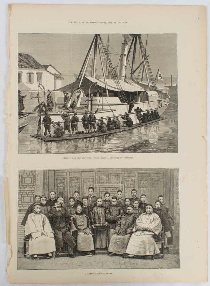 Stock ID #177554 Chinese war preparations [and] A Chinese torpedo corps [caption titles]. ANTIQUE PRINTS - TONKIN WAR, RICHARD TAYLOR, ENGRAVER.