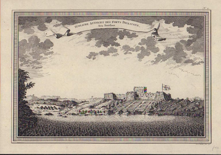 Stock ID #178271 Südliche Aussicht Des Forts Dickscove, Aus Smithen. [View of Fort Dickscove (Dixcove) from the South. GHANA, FRANS DE BAKKER, JACQUES NICOLAS BELLIN, AFTER, ENGRAVER.
