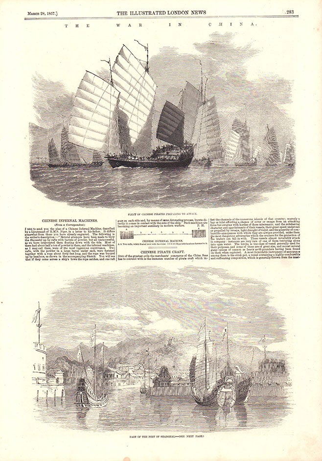 Stock ID #179704 Fleet of Chinese Pirates preparing to attack [and] Part of the Port of Shanghai... [caption titles]. SHANGHAI - ANTIQUE PRINT.