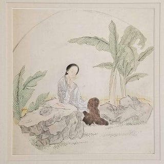 Stock ID #198158 Woman at Her Embroidery, Seated in Landscape Between Rocks. CHINA - SILK PAINTING