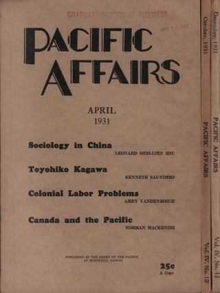 Stock ID #214273 Pacific Affairs. Vol. IV, Nos. 4, 10 & 12. ELIZABETH GREEN